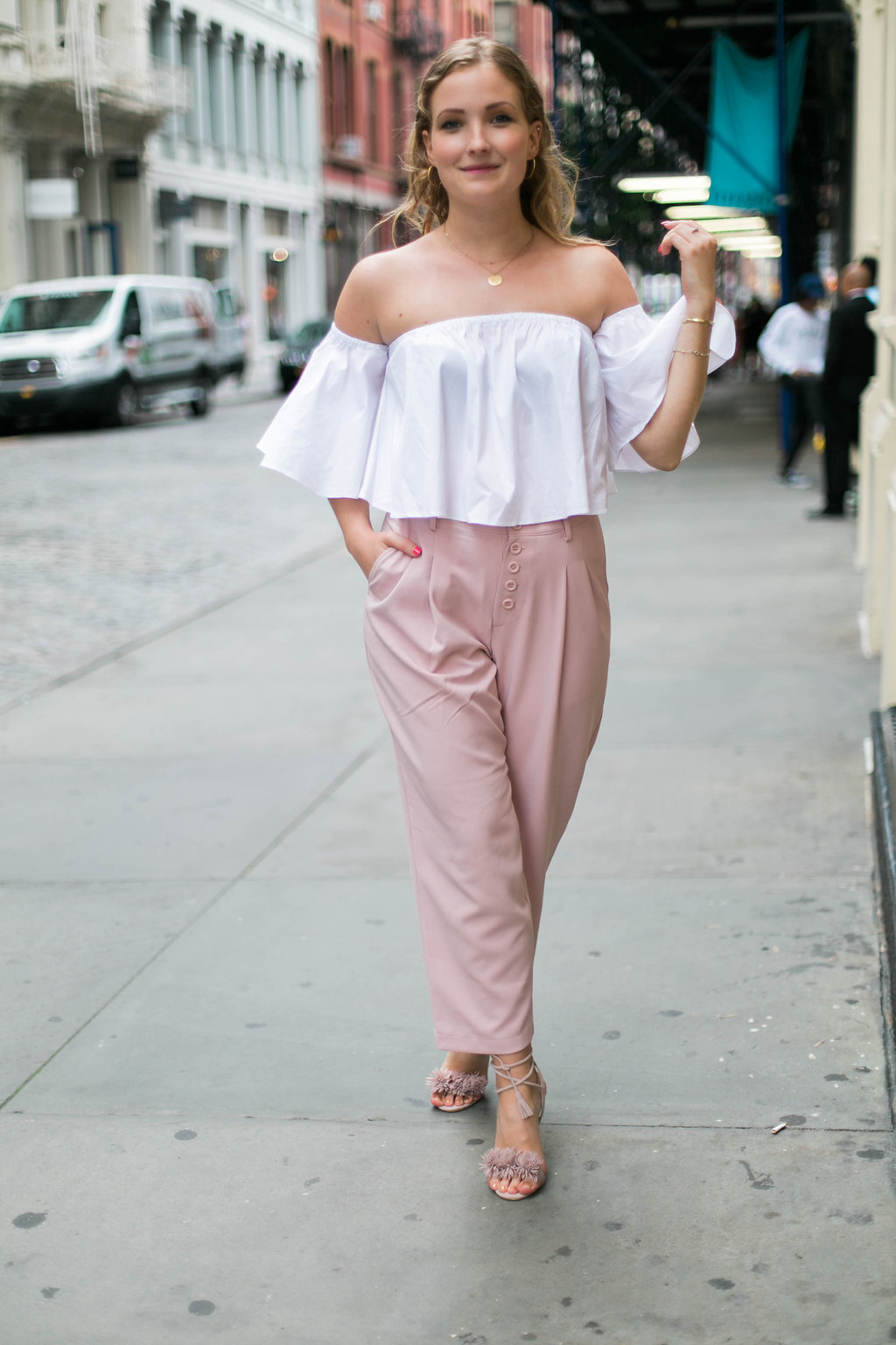 Off the shoulder top and pink pants